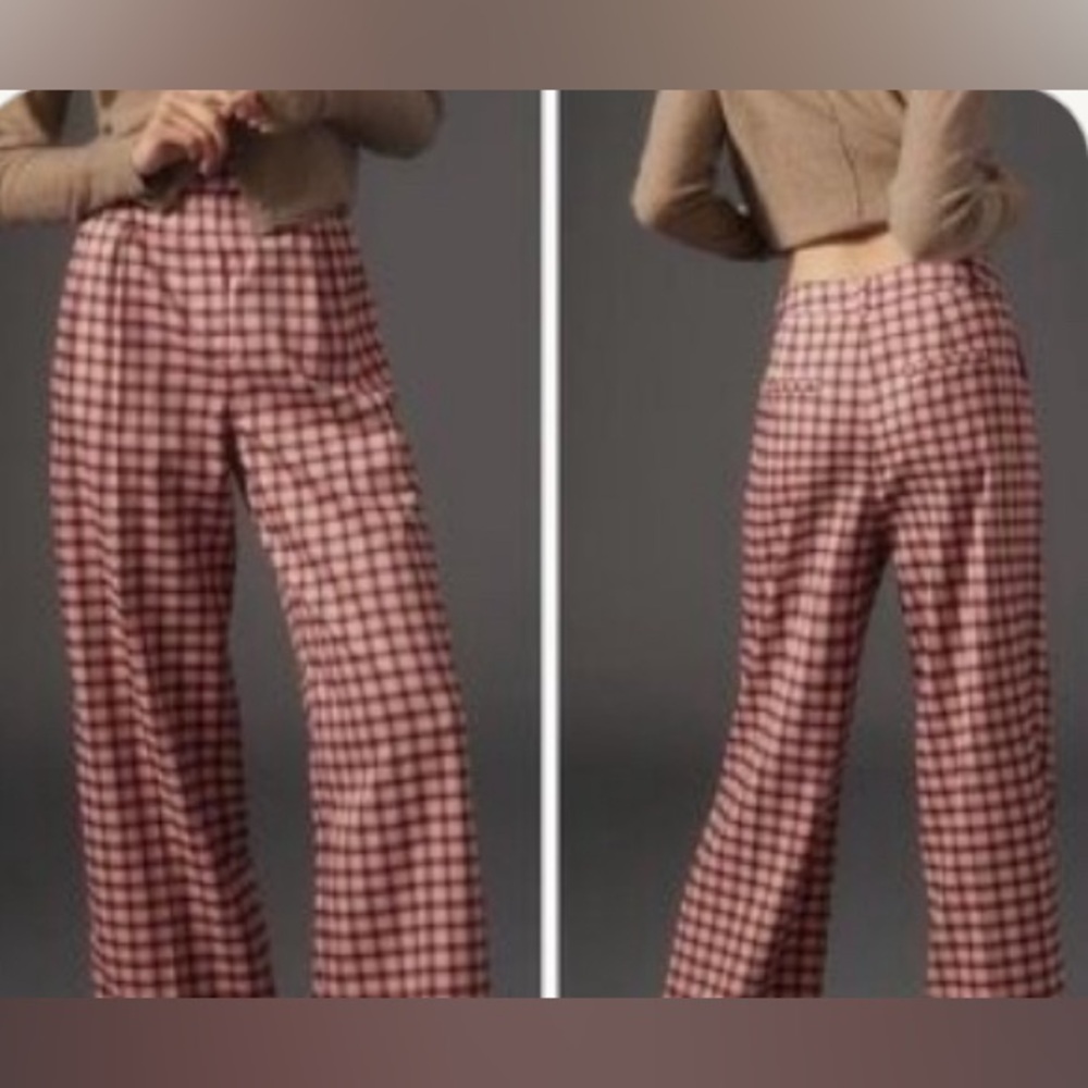 Anthropologie FRNCH pink plaid wide leg trousers size small
